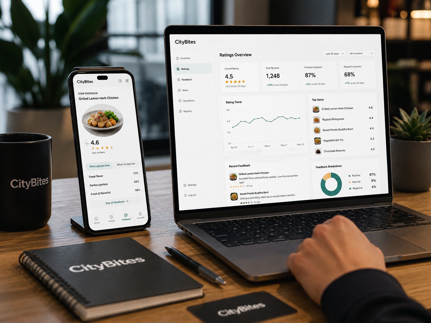 CityBites feedback experience shown on a phone and company dashboard