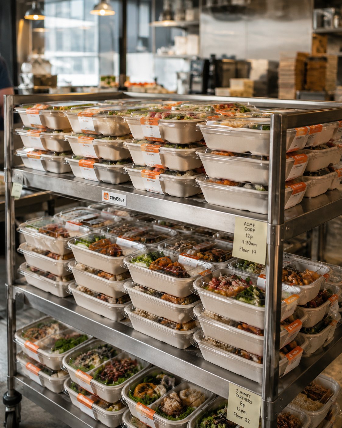 CityBites individual meals labeled and staged for office delivery